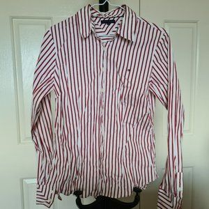 TOMMY HILFIGER 8 White Red Stripe Collar Button Up Longsleeves Wristbands Blouse